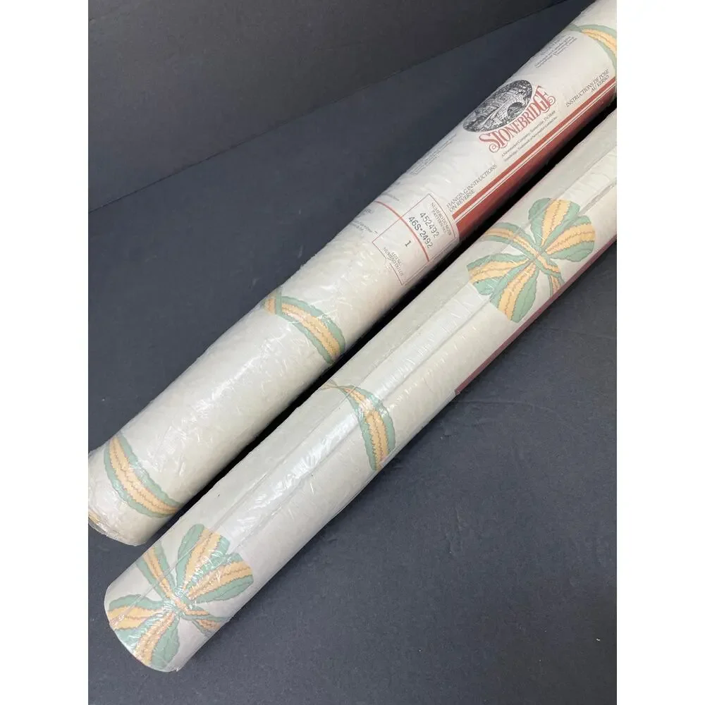 Vintage Wallpaper Wavy Bows Stripe Green Yellow 2 Rolls Stonebridge Cottage